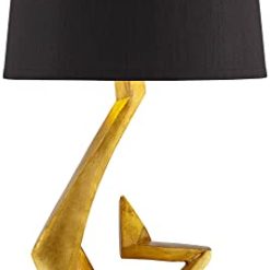 Alternative view of Possini Euro Design Zeus Mid Century Modern Glam Luxury Table Lamp 28.5 Tall Sculptural Gold Leaf Metal Black Fabric Tapered Drum Shade Decor for Living Room Bedroom House Bedside Nightstand Home