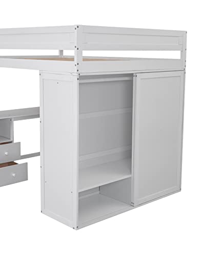 Full Size Loft Bed, Multi-Functional Solid Wood Loft Bed with Wardrobes and 2-Drawer Desk and Storage Cabinet, Modern Full Bed Frame with Built-in Ladder and Safety Guardrails,White - Image 7