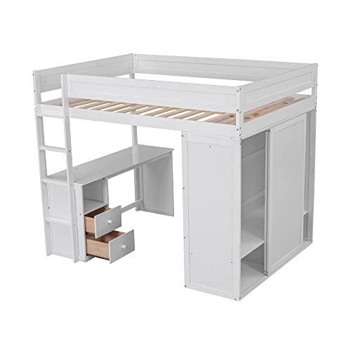 Full Size Loft Bed, Multi-Functional Solid Wood Loft Bed with Wardrobes and 2-Drawer Desk and Storage Cabinet, Modern Full Bed Frame with Built-in Ladder and Safety Guardrails,White - Image 5